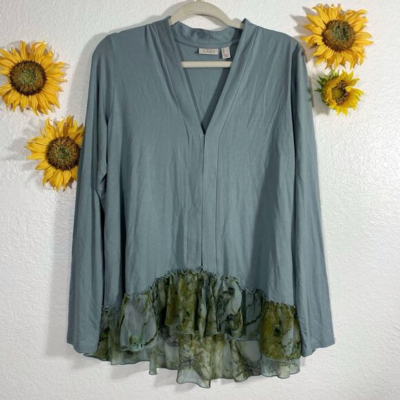 LOGO by Lori Goldstein  Cardigan with printed chiffon trim Size Medium Womens - Picture 3 of 10